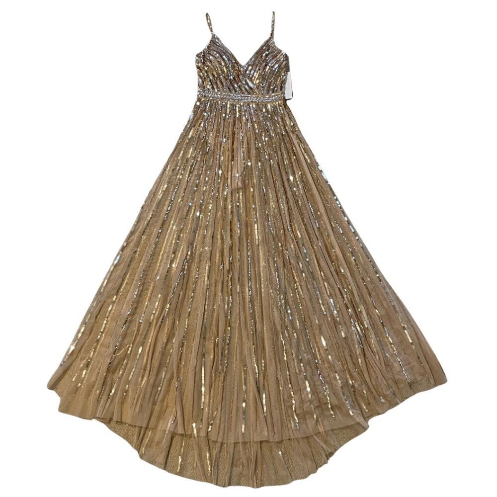 Mac Duggal Wrap Front Beaded Maxi Dress Full Length Gown Gold Sequins Women's 2 - Picture 3 of 16